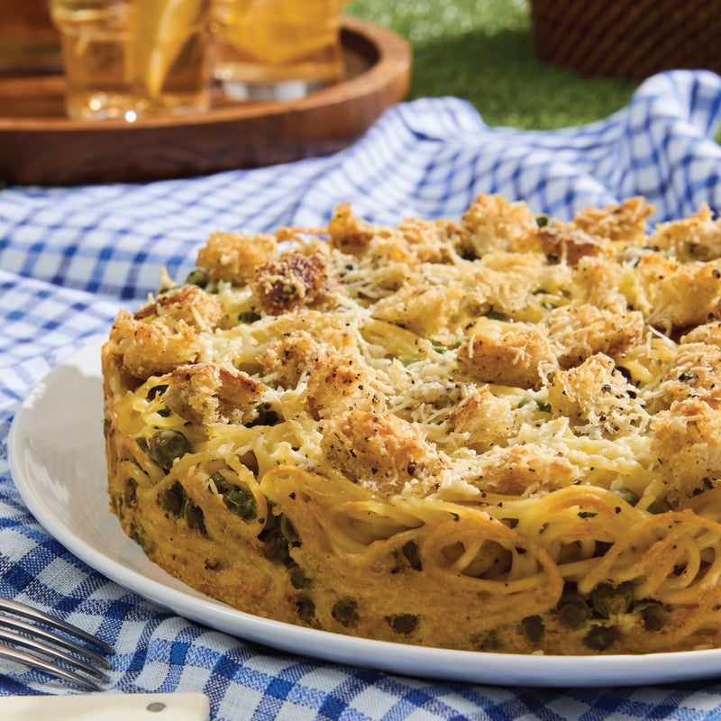 Cacio e Pepe Pasta Pie with Peas
