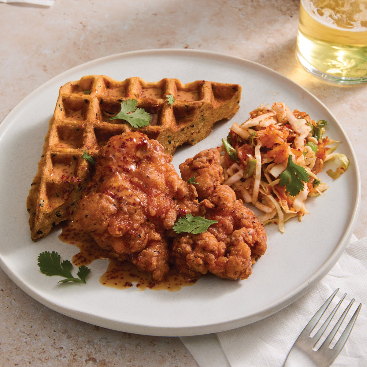 Chicken & Waffles with Kimchi Slaw